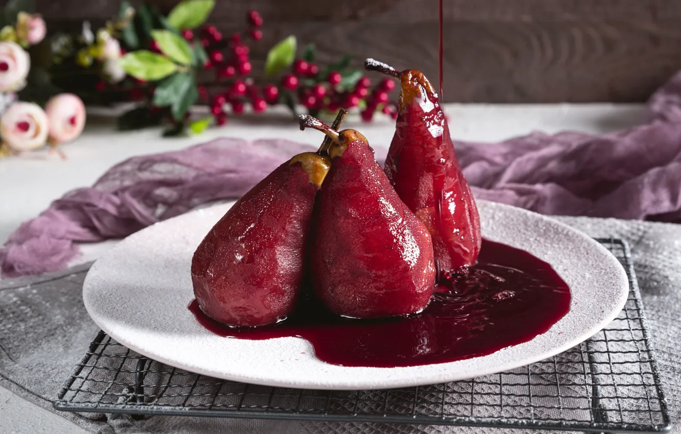 Photo wallpaper flowers, red, table, plate, fabric, fruit, pear, dessert