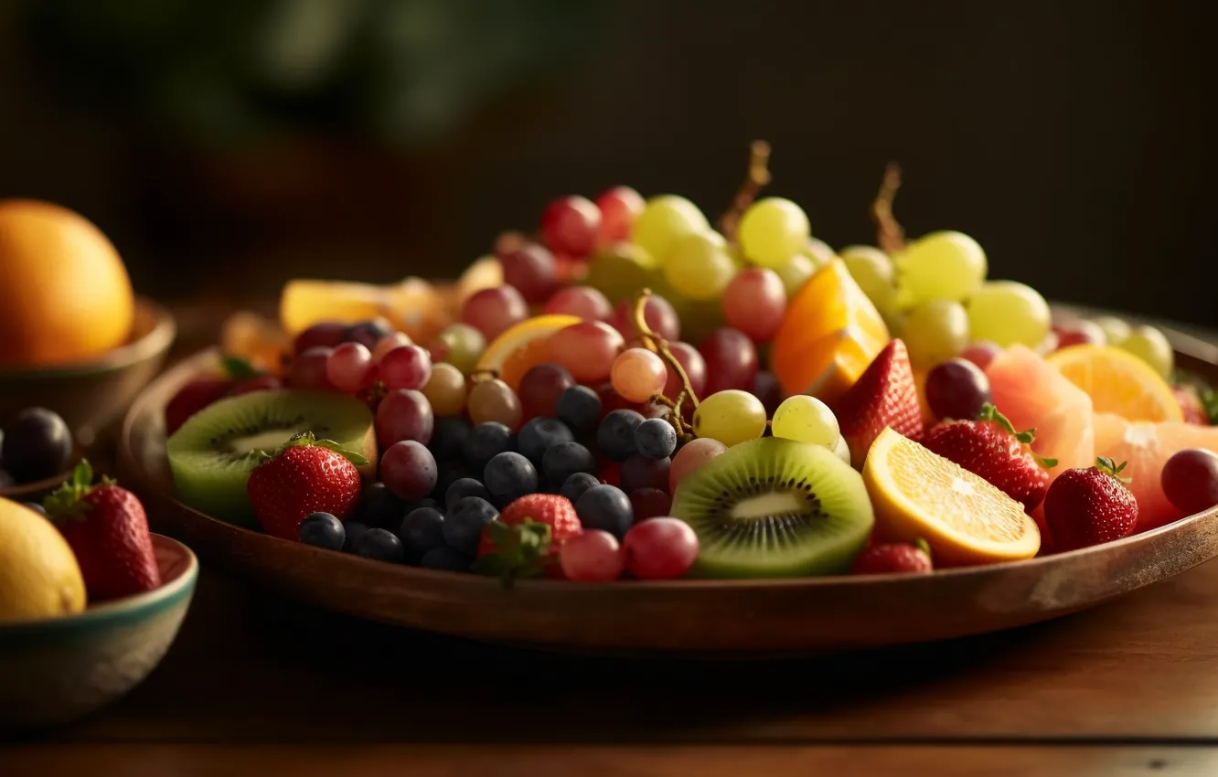 Photo wallpaper light, berries, table, food, kiwi, blueberries, strawberry, grapes