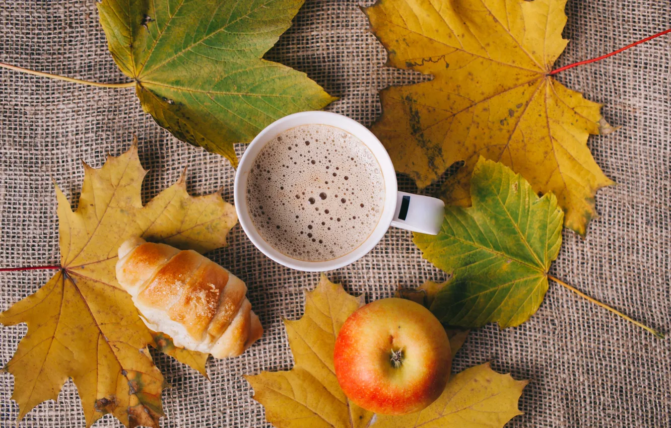 Photo wallpaper leaves, apples, coffee