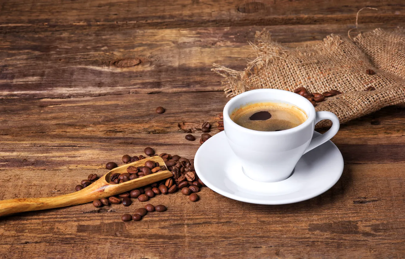 Photo wallpaper Board, coffee, mug, Cup, placer, coffee beans, burlap, saucer