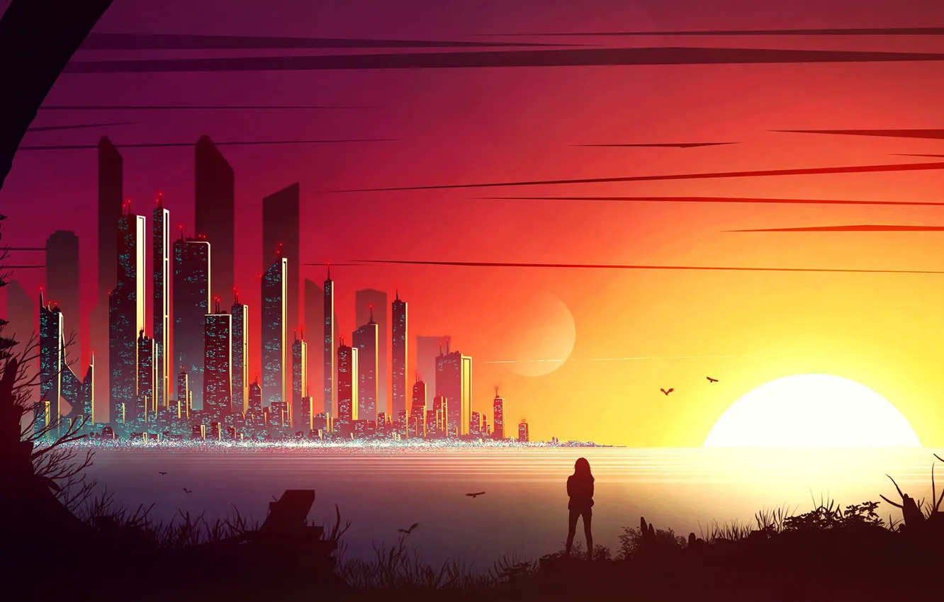 Photo wallpaper city, fantasy, sunset, science fiction, birds, sun, people, sci-fi