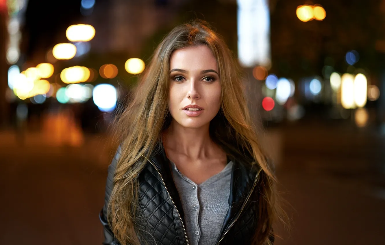 Photo wallpaper girl, night, lights, glare, portrait, makeup, jacket, hairstyle