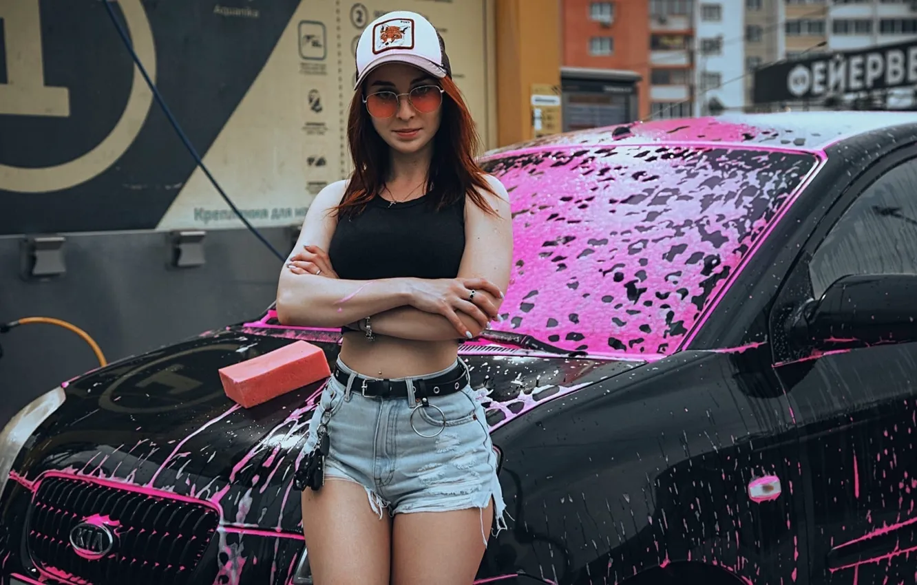 Photo wallpaper model, Kia, women, redhead, vehicle, sunglasses, pierced navel, jean shorts