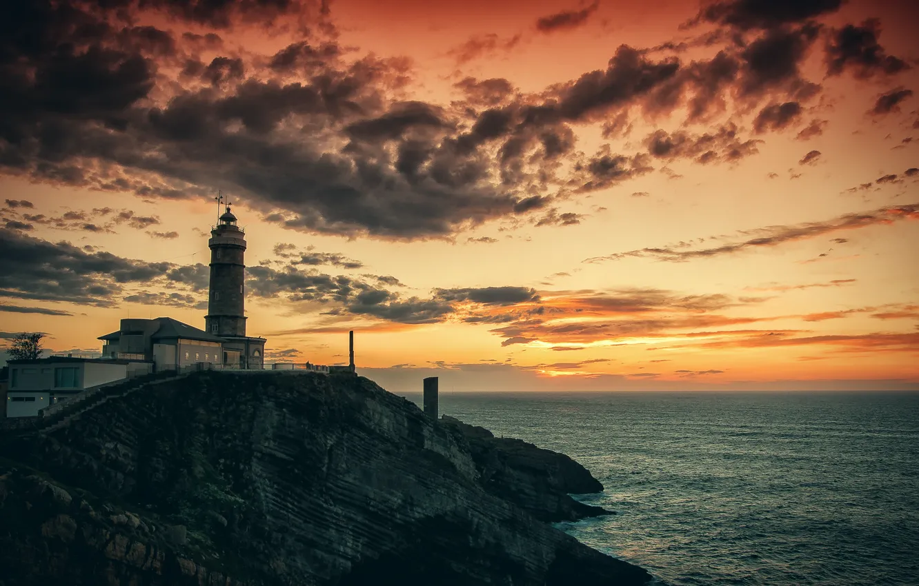 Photo wallpaper sea, rock, dawn, lighthouse, morning