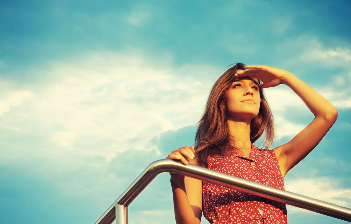 Photo wallpaper the sky, look, girl, the sun, face, background, mood, widescreen