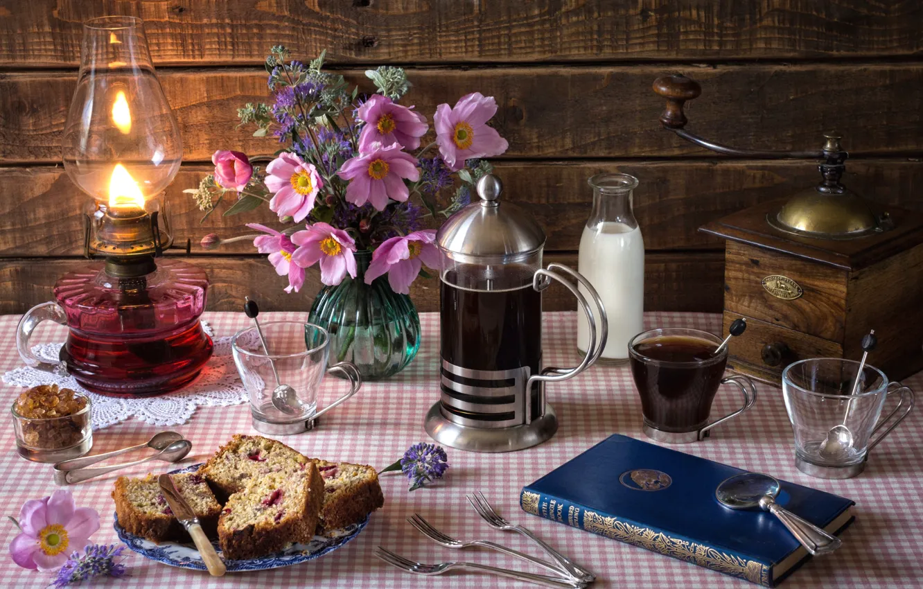 Photo wallpaper flowers, lamp, coffee, milk, book, still life, cupcake, raisins