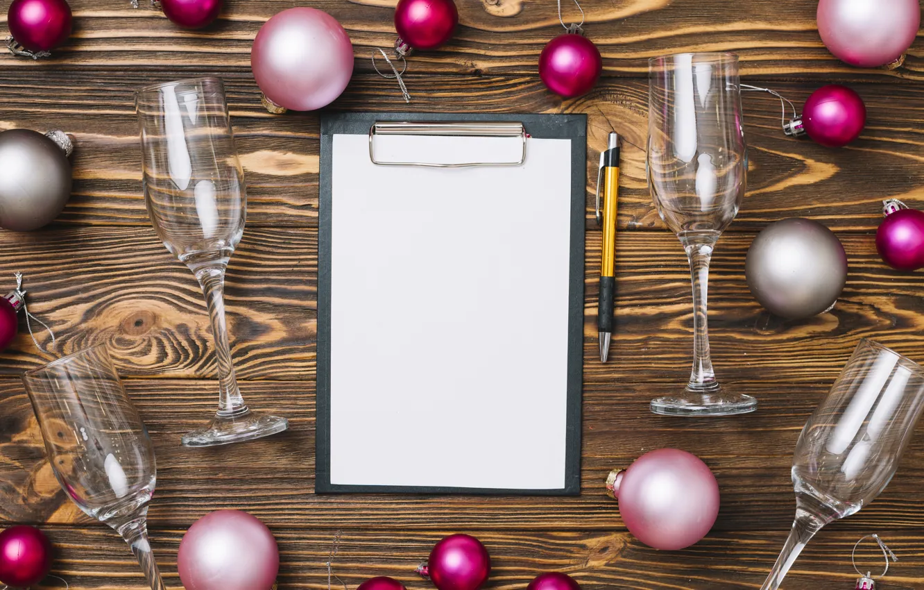 Photo wallpaper glass, balls, paper, Board, glass, leaf, new year, Christmas