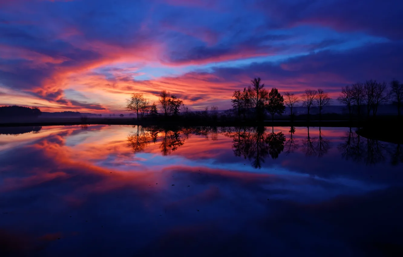 Photo wallpaper clouds, trees, lake, glow