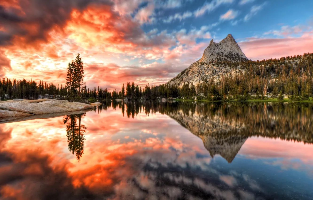 Photo wallpaper forest, landscape, sunset, mountains, nature, lake, reflection