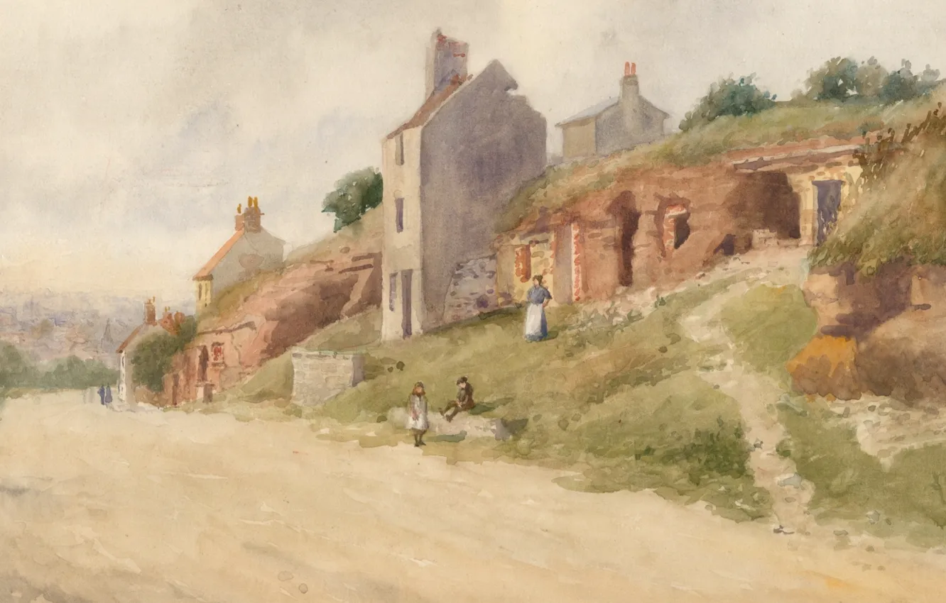Photo wallpaper picture, painting, painting, Nottinghamshire, 1813, A.S Buxton, Cave dwellers of Mansfield, Rock Houses