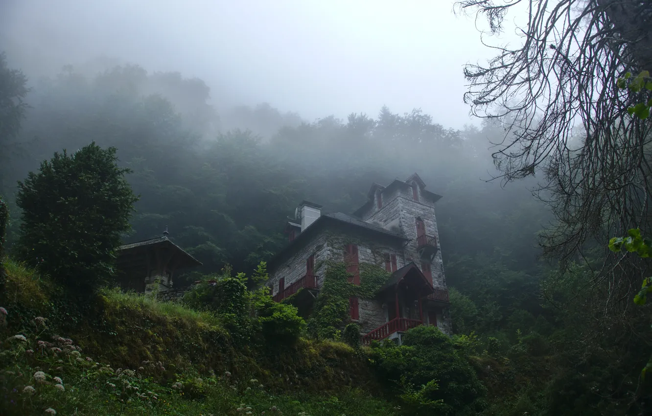 Photo wallpaper the sky, trees, nature, fog, home, architecture, the slope of the mountain, Anne-Xander van der …