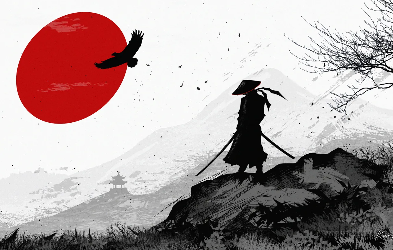 Photo wallpaper art, black and white, samurai, warrior, silhouette