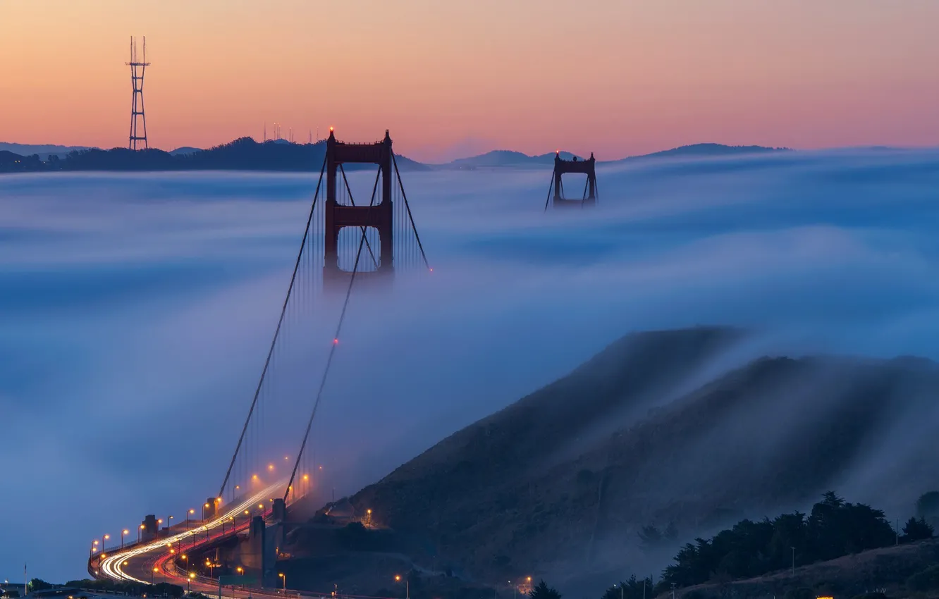 Photo wallpaper city, lights, USA, Golden Gate Bridge, road, landscape, bridge, photo