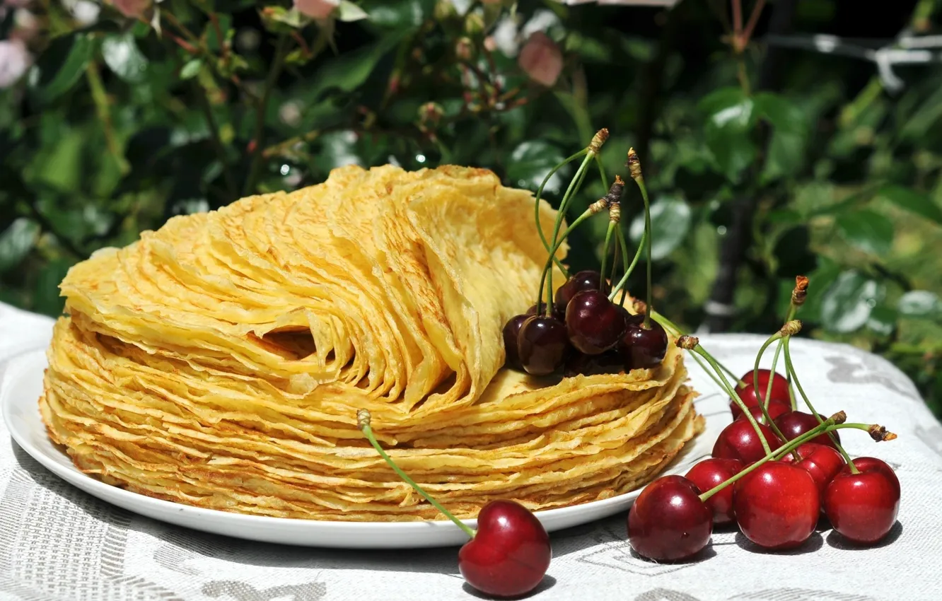 Photo wallpaper light, cherry, table, plate, pancakes, cherry