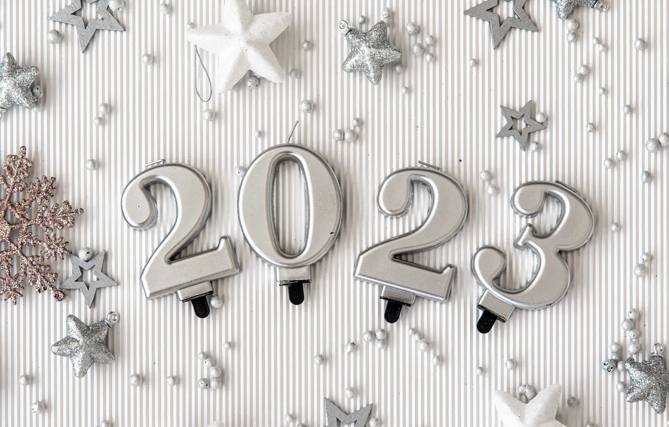 Photo wallpaper stars, balls, snowflakes, toy, silver, new year, silver, figures