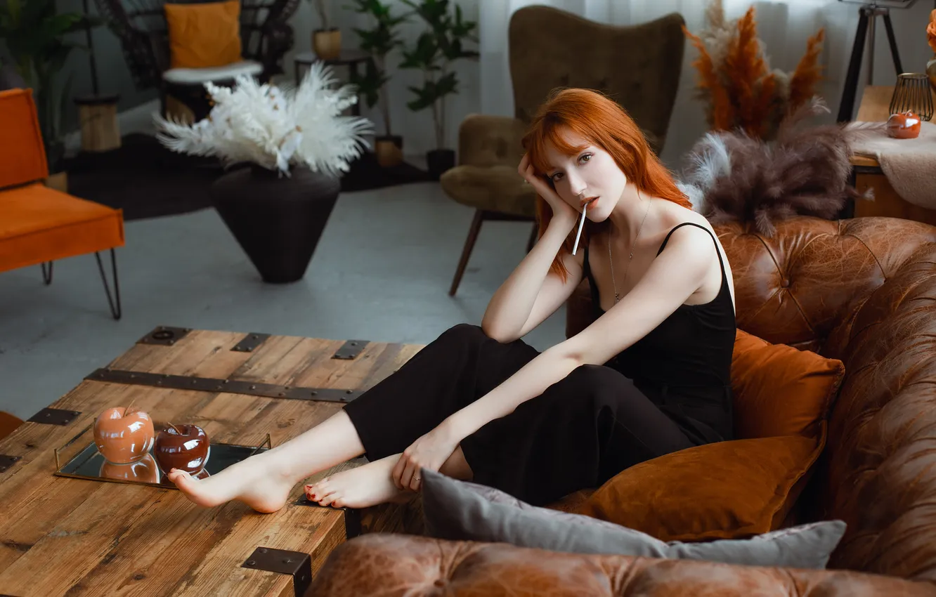 Photo wallpaper barefoot, model, women, redhead, cigarettes, casual