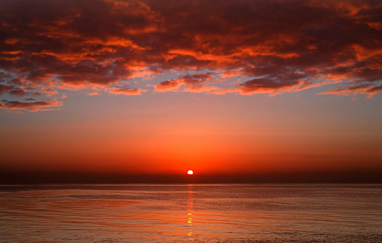 Photo wallpaper sea, the sun, sunset, red, bloody