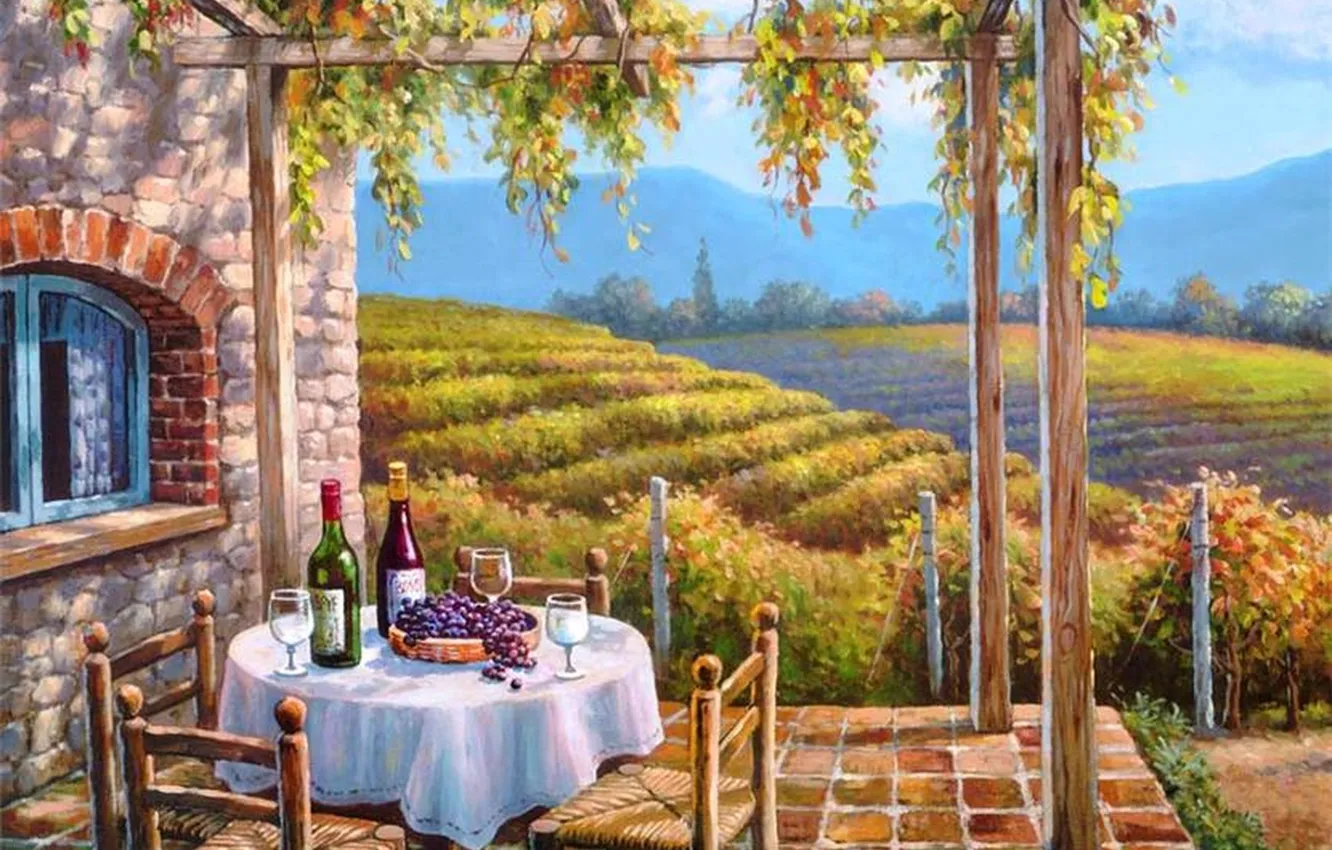Photo wallpaper wine, picture, vineyard, painting, table, terrace, painting, Sung Kim