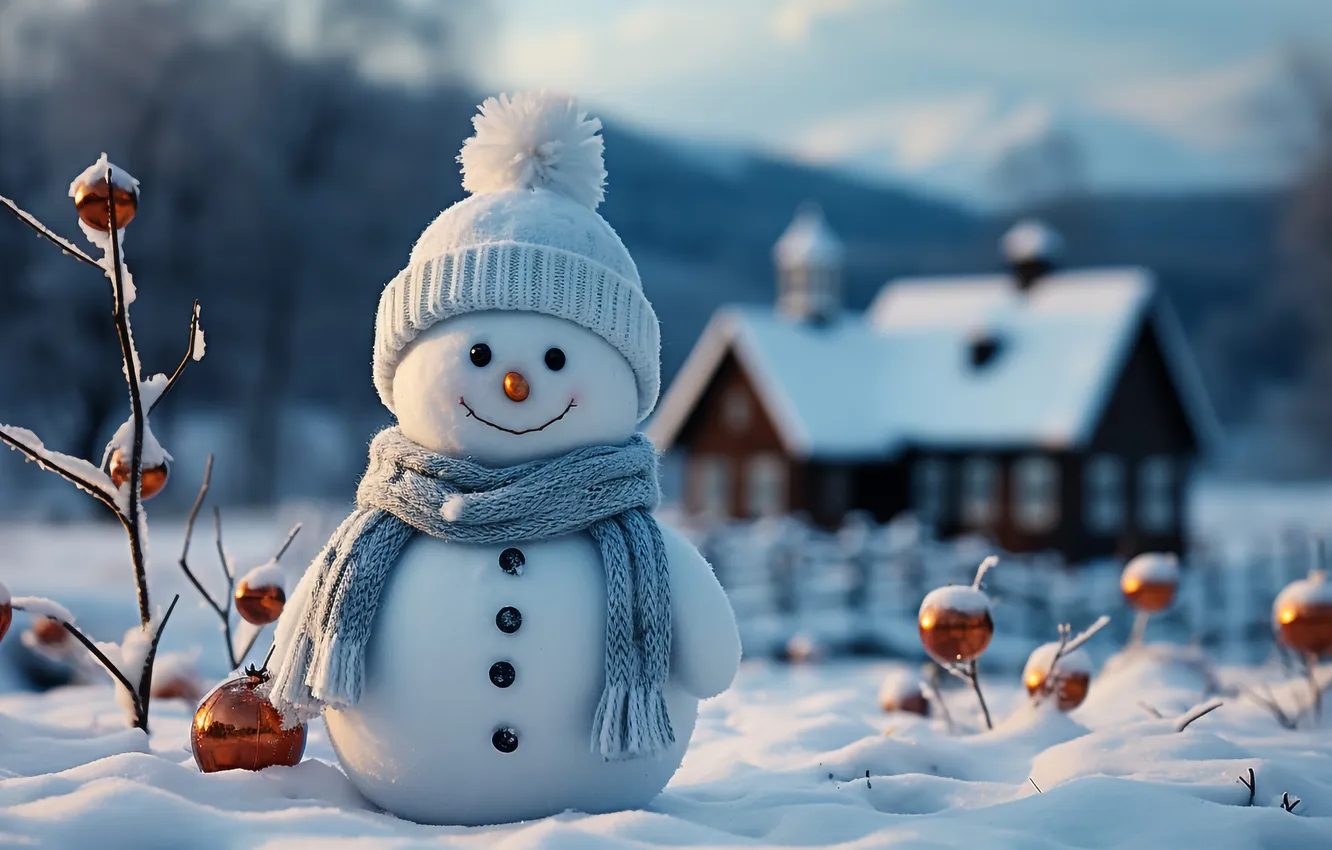 Photo wallpaper winter, snow, new year, Christmas, snowman, Christmas, winter, snow