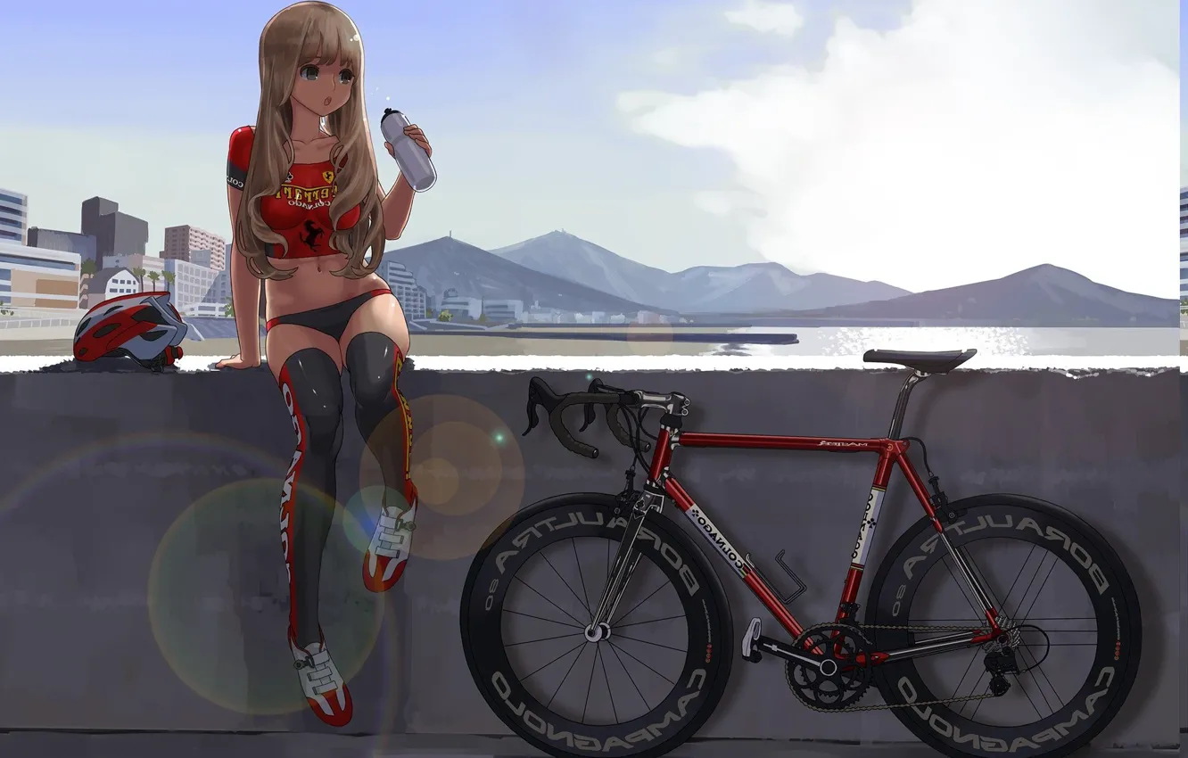 Photo wallpaper water, clouds, mountains, stay, home, anime, blonde, helmet