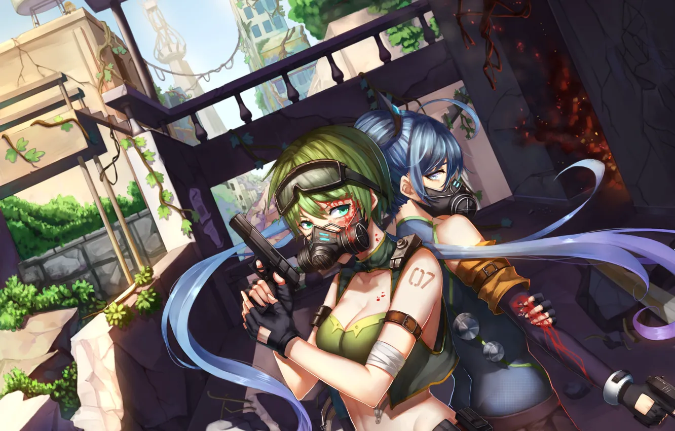 Photo wallpaper weapons, girls, anime, art, gas mask