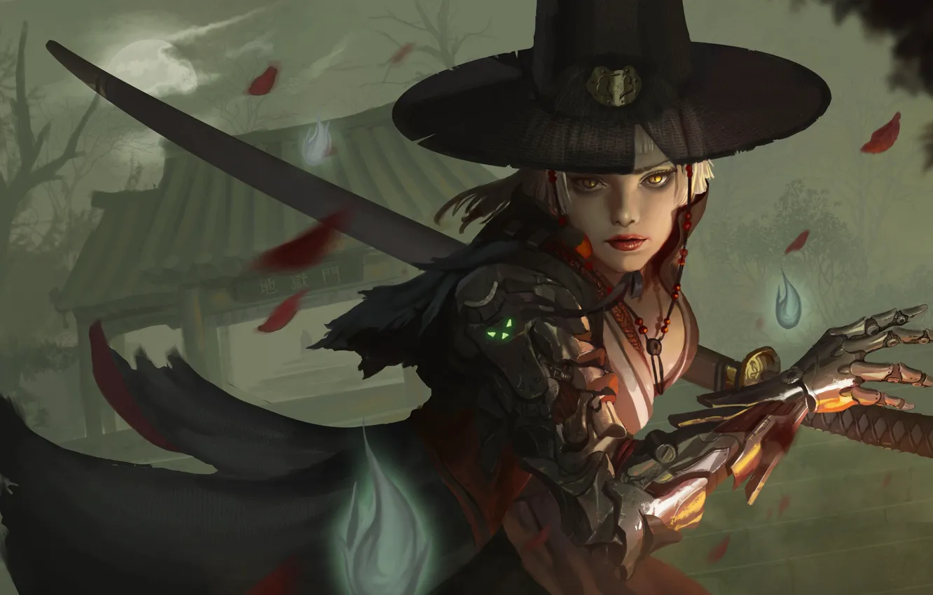 Photo wallpaper look, leaves, girl, weapons, hat, hands, art, cyborg