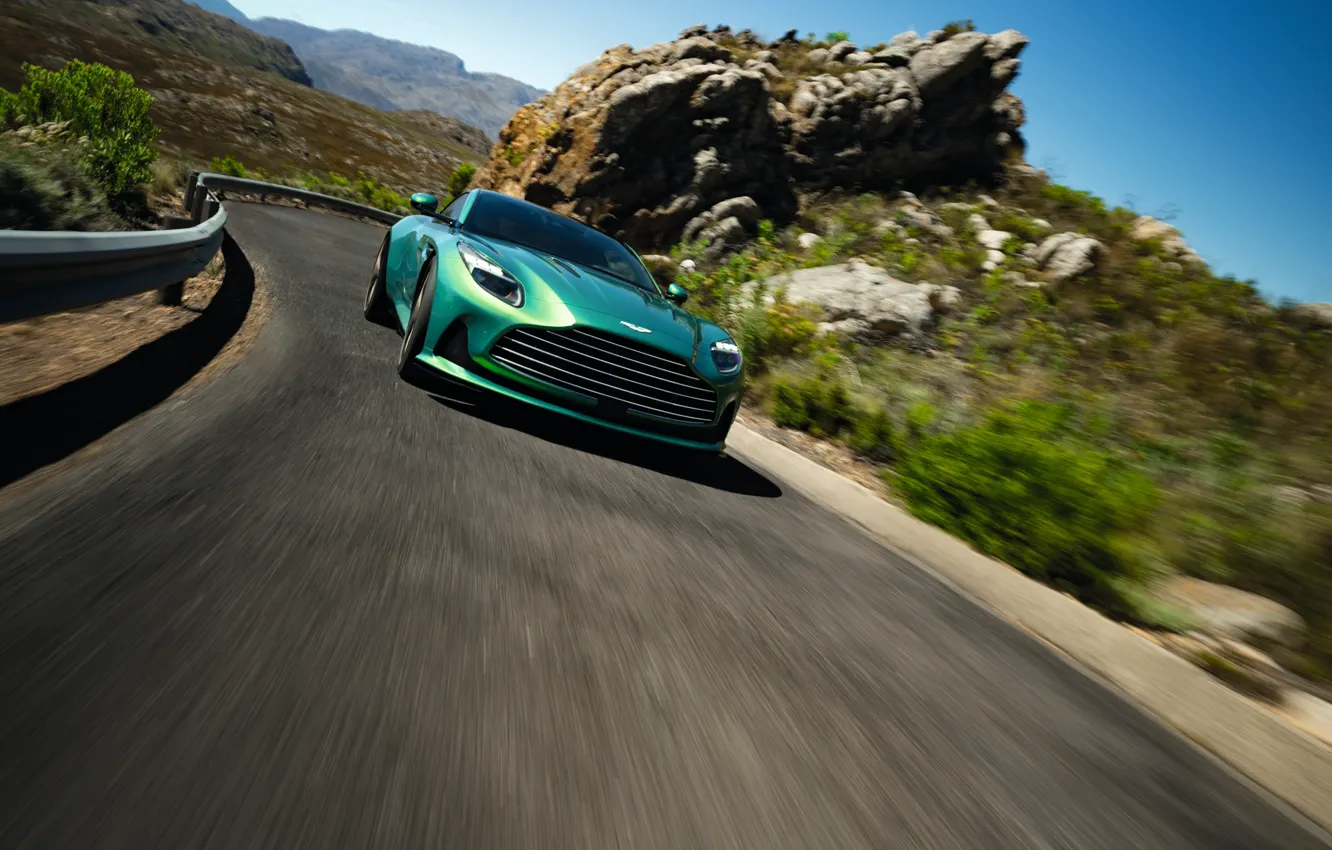 Photo wallpaper green, Aston Martin, mountains, rocks, 2023, nice color, Aston Martin DB12, DB12