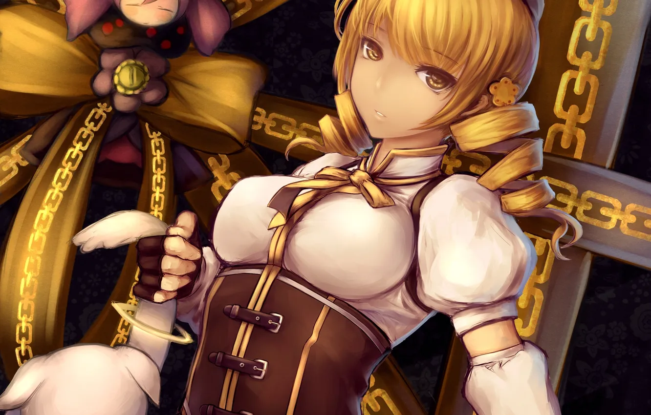 Photo wallpaper girl, toy, hare, hat, anime, art, tape, mahou shoujo madoka magica