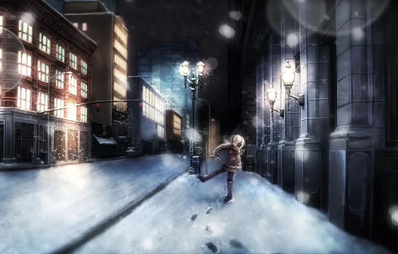 Photo wallpaper winter, machine, girl, snow, the city, home, headphones, art