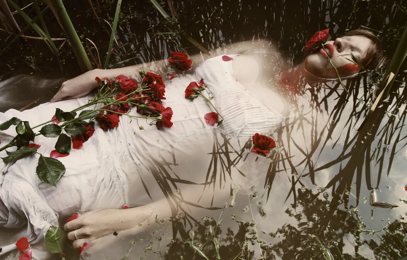 Photo wallpaper water, girl, flowers, reflection, blood, Where the Wild Roses Grow