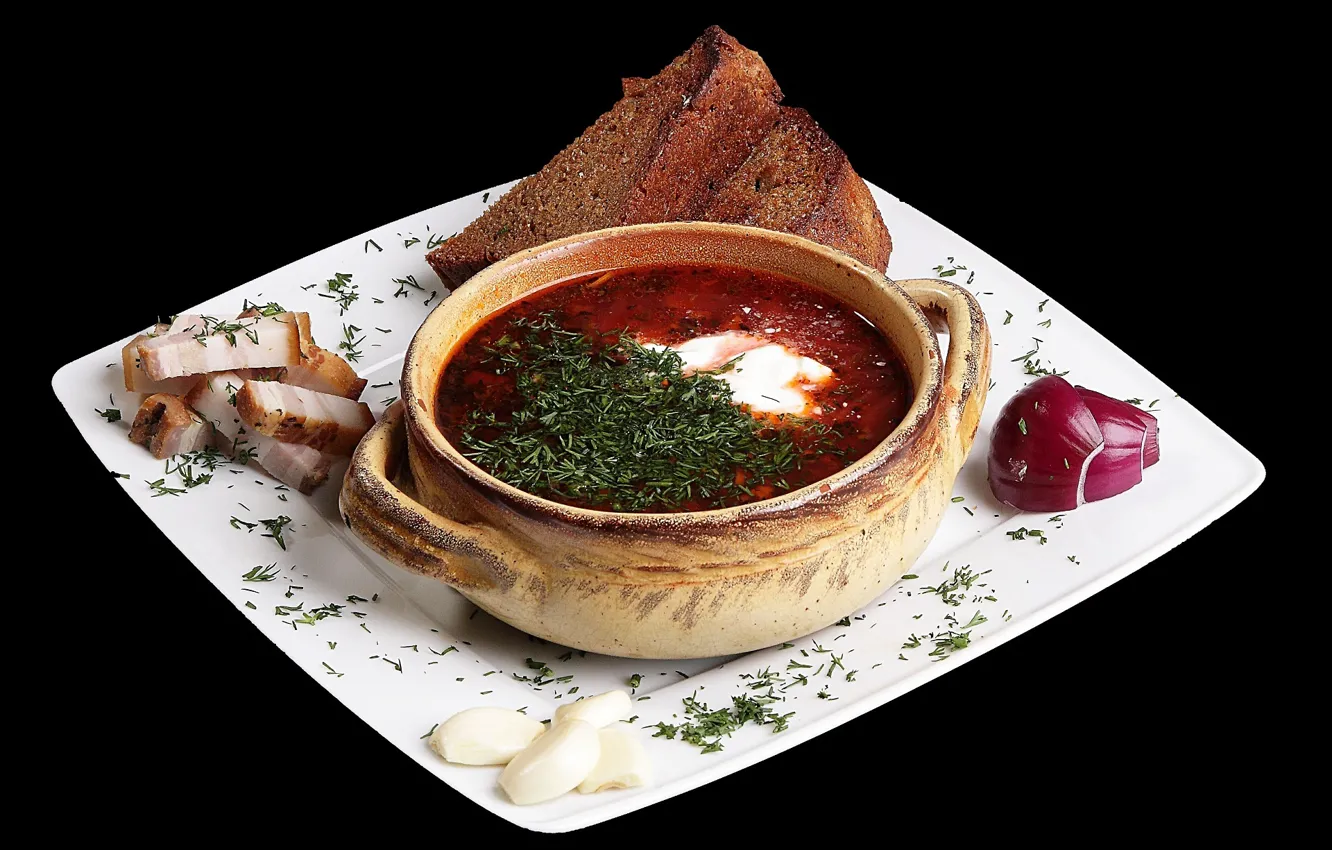 Photo wallpaper greens, bow, plate, bread, soup, garlic, fat