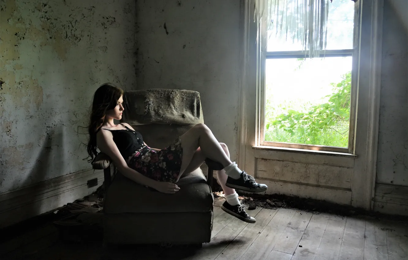 Photo wallpaper girl, chair, window
