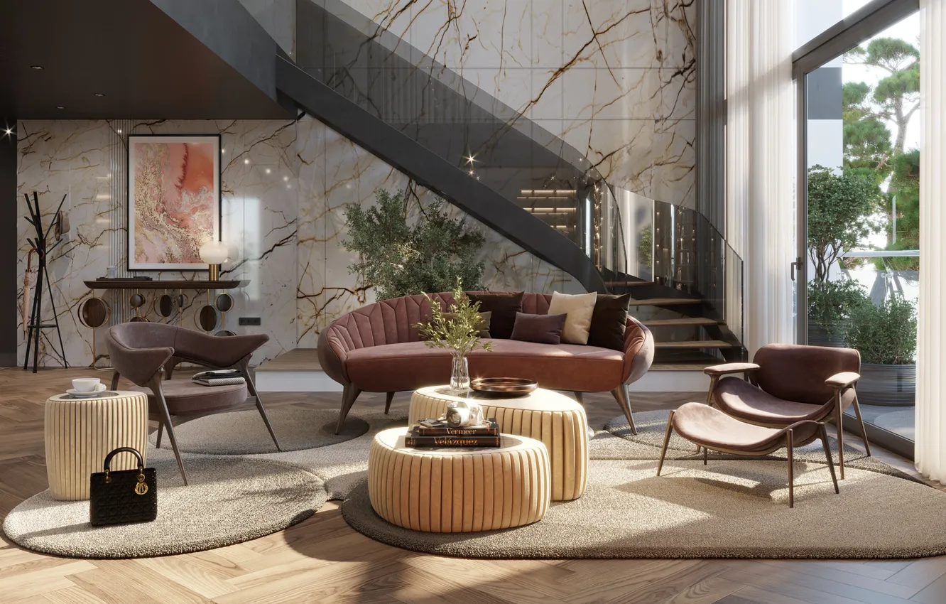 Photo wallpaper design, style, Villa, interior, ladder, upholstered furniture, luxury living room