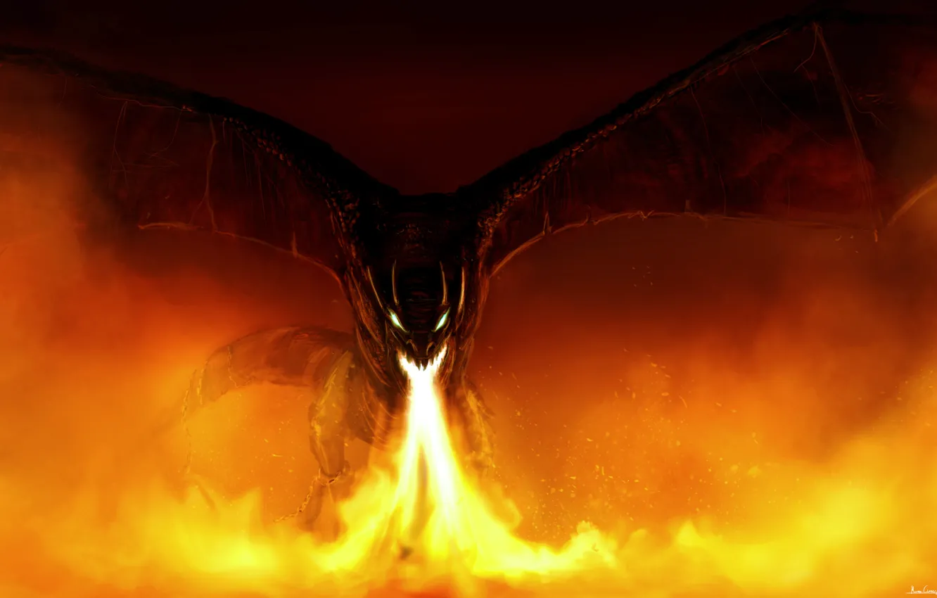 Photo wallpaper fiction, dragon, wings, art, mouth, fire-breathing