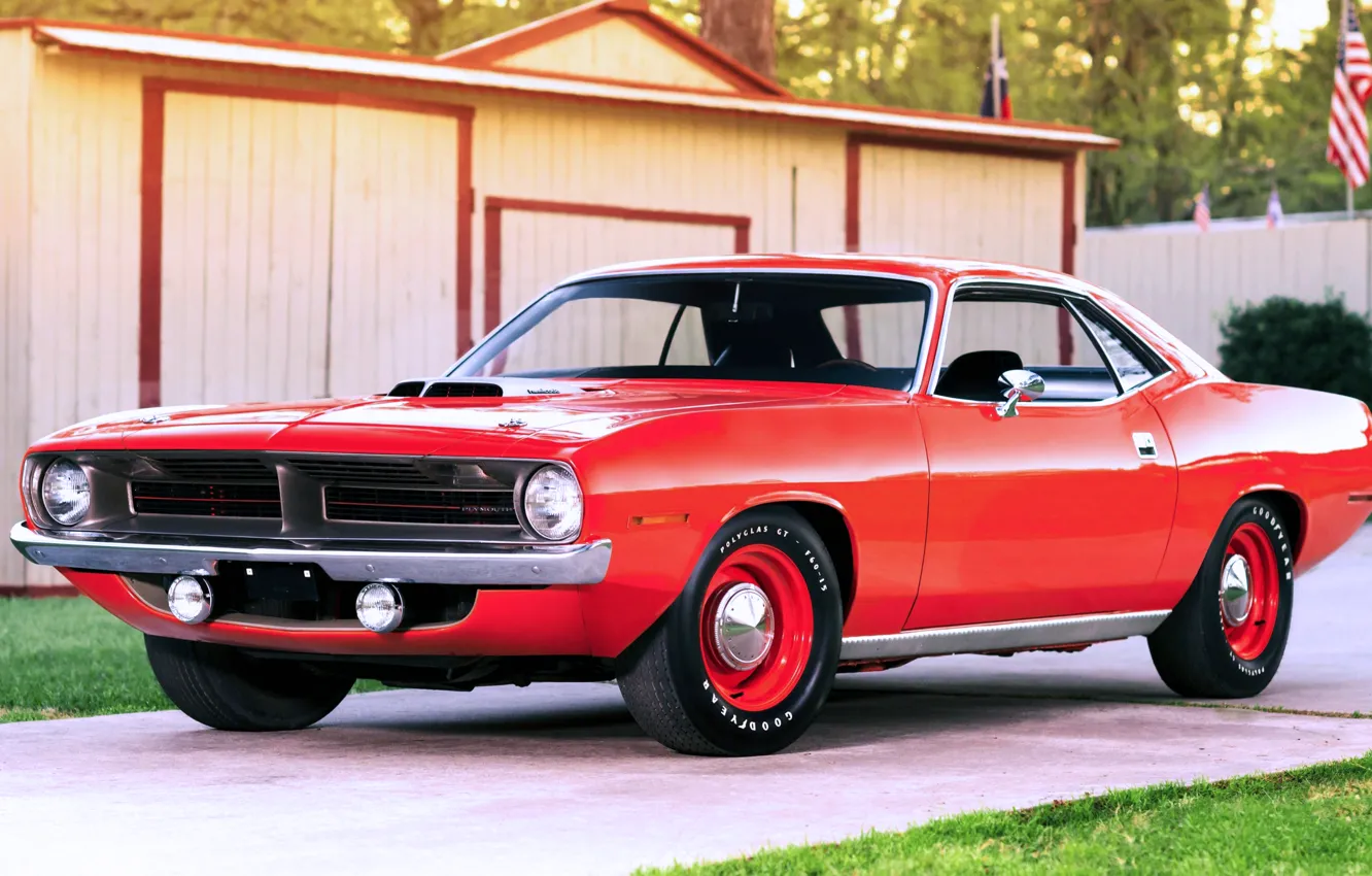 Photo wallpaper auto, grass, background, the fence, garage, flag, Plymouth Hemi CUDA