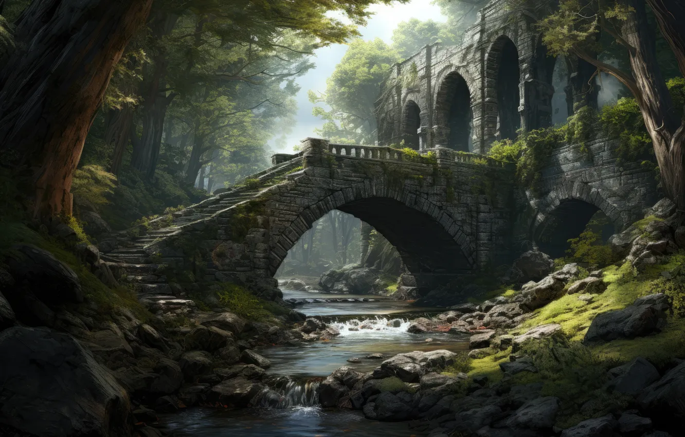Photo wallpaper forest, bridge, ruins, building
