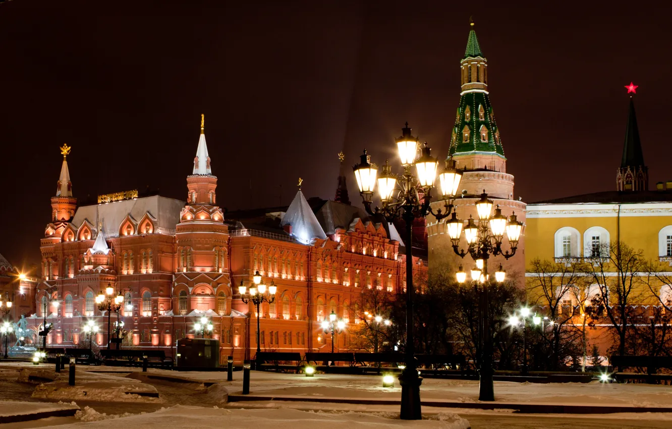 Photo wallpaper winter, night, the city, lights, Red, area, lights, Moscow