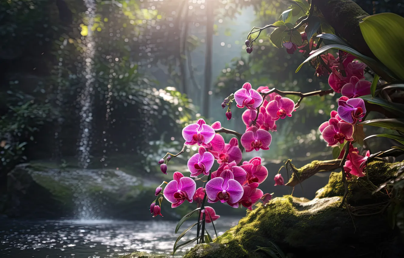 Photo wallpaper light, flowers, branches, nature, fog, tropics, shore, waterfall