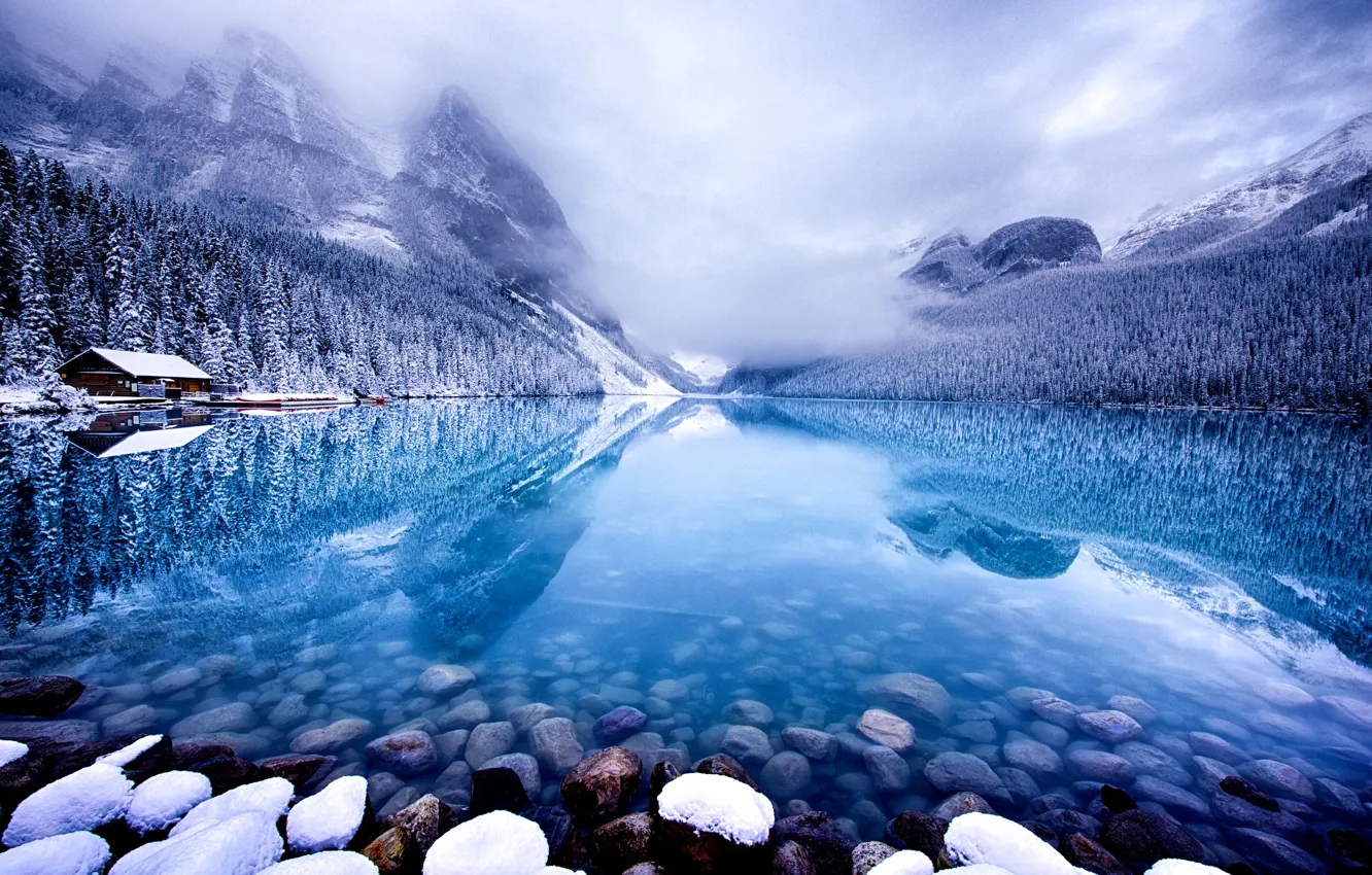 Photo wallpaper winter, snow, mountains, lake, stones, Canada