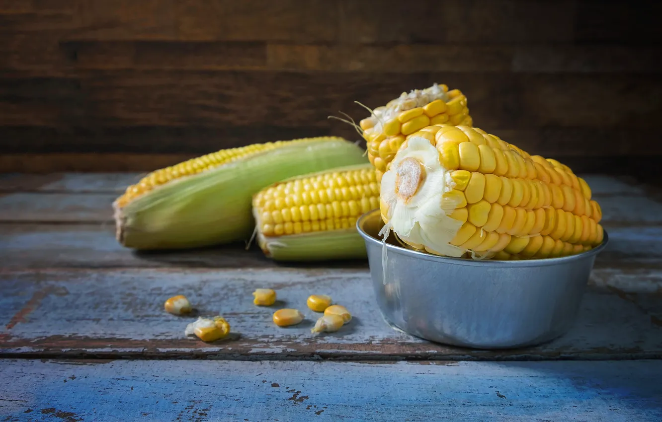 Photo wallpaper Board, grain, corn, bowl, the cob