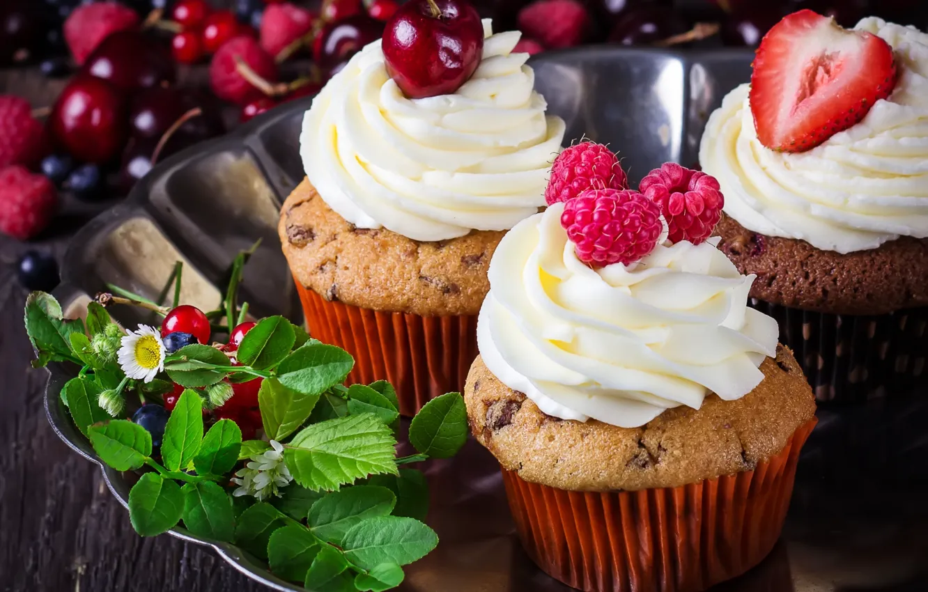 Photo wallpaper flowers, cherry, berries, raspberry, strawberry, cake, cream, dessert