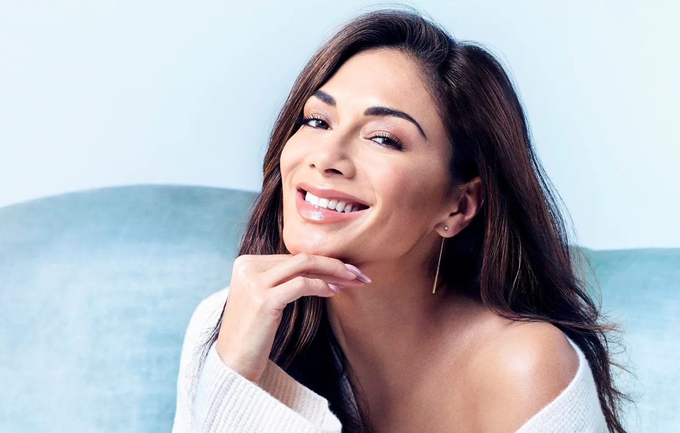 Photo wallpaper smile, background, model, portrait, makeup, brunette, hairstyle, Nicole Scherzinger