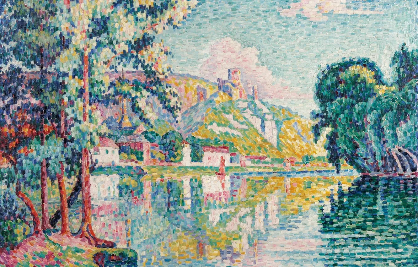 Photo wallpaper trees, landscape, river, picture, Paul Signac, pointillism, Les Andelys. Chateau Gaillard.