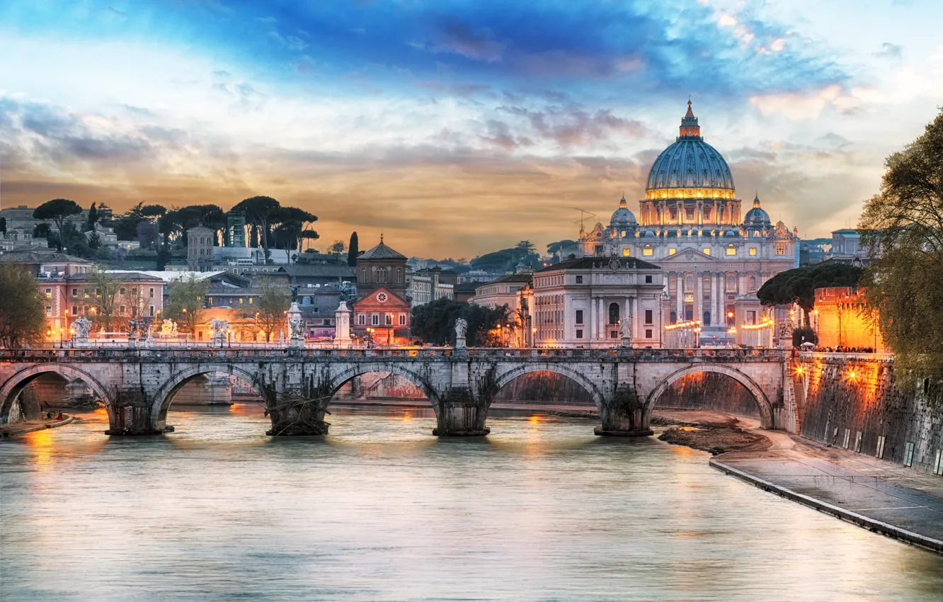 Photo wallpaper sunset, bridge, lights, river, home, the evening, Rome, lights