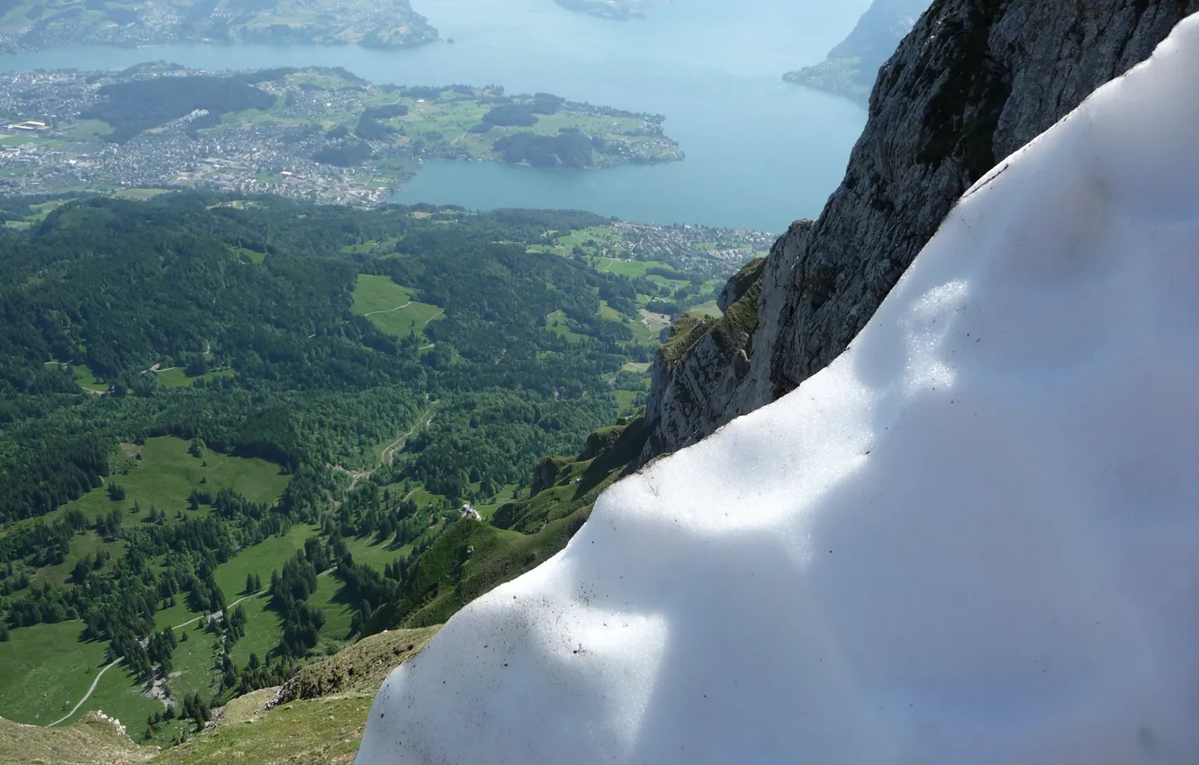 Photo wallpaper Switzerland, snow, Alps, Mount Pilatus, lake Lucern