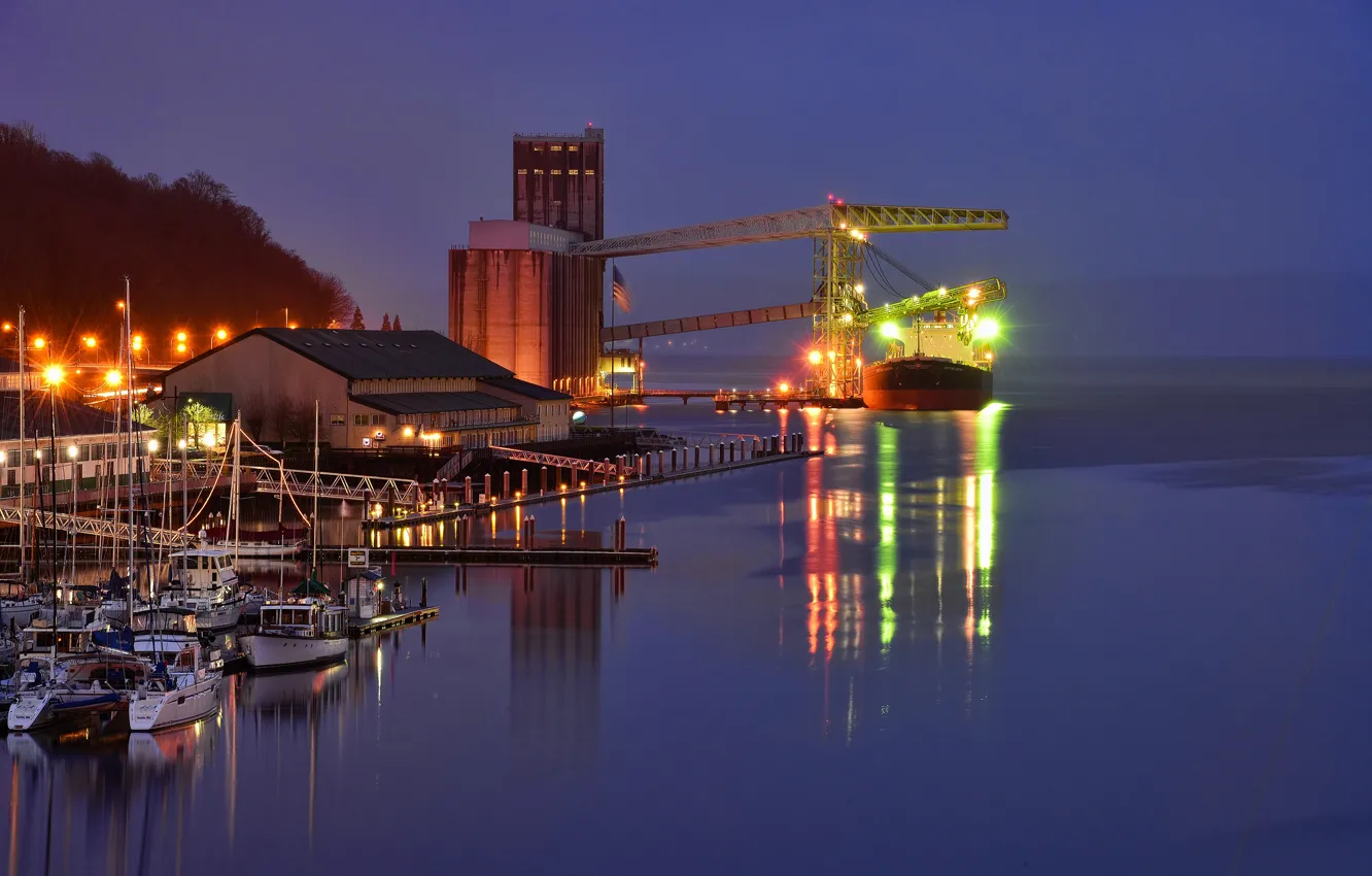 Photo wallpaper lights, fog, coast, ship, the evening, yacht, pier, port