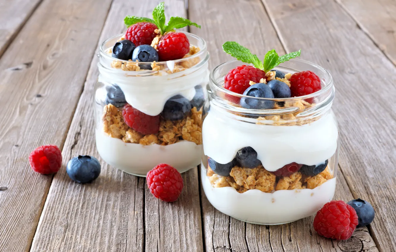 Photo wallpaper berries, Breakfast, jars, muesli, yogurt