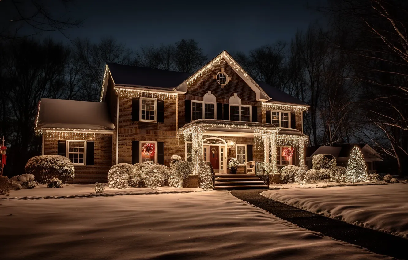 Photo wallpaper winter, snow, night, lights, tree, new year, Christmas, house