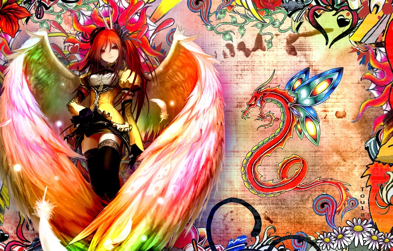 Photo wallpaper girl, dragon, angel, anime