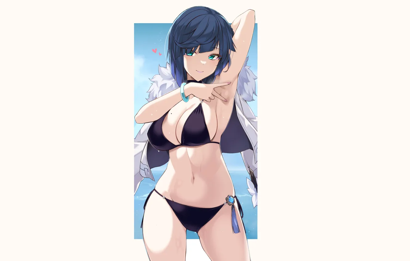 Photo wallpaper girl, hot, sexy, boobs, blue, anime, short hair, pretty